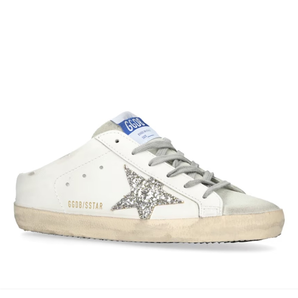 Golden Goose Super Star Leather Mules - White and Glitter Silver Sneakers - 36